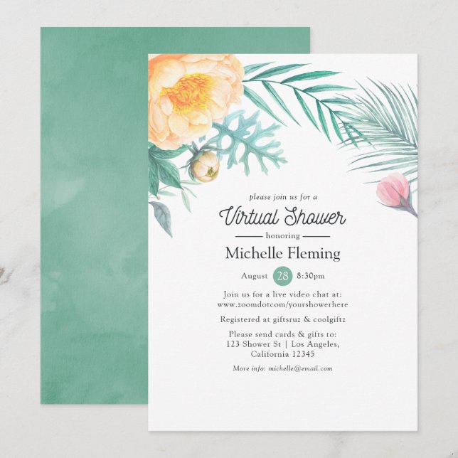 Tropical Mint Floral Virtual Baby or Bridal Shower Invitation (Front/Back)