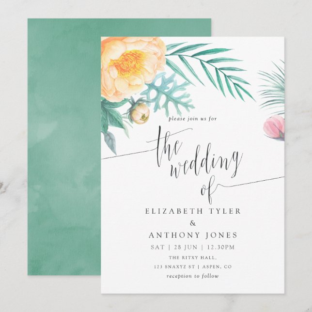 Tropical Mint Floral Watercolor Wedding Invitation (Front/Back)