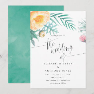 Tropical Mint Floral Watercolor Wedding Invitation
