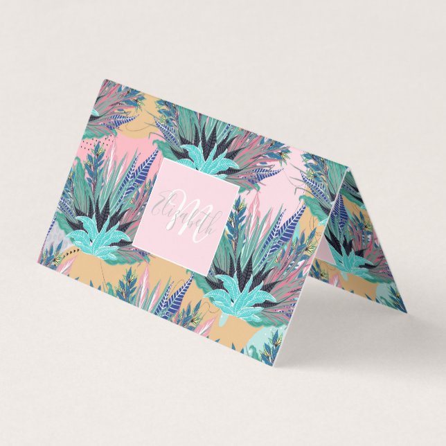 Tropical Mint Foliage Modern Pink Design Business Card (Front)