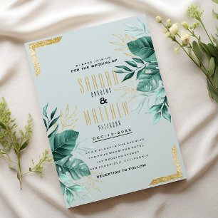 Tropical mint green gold glitter foliage Wedding Invitation