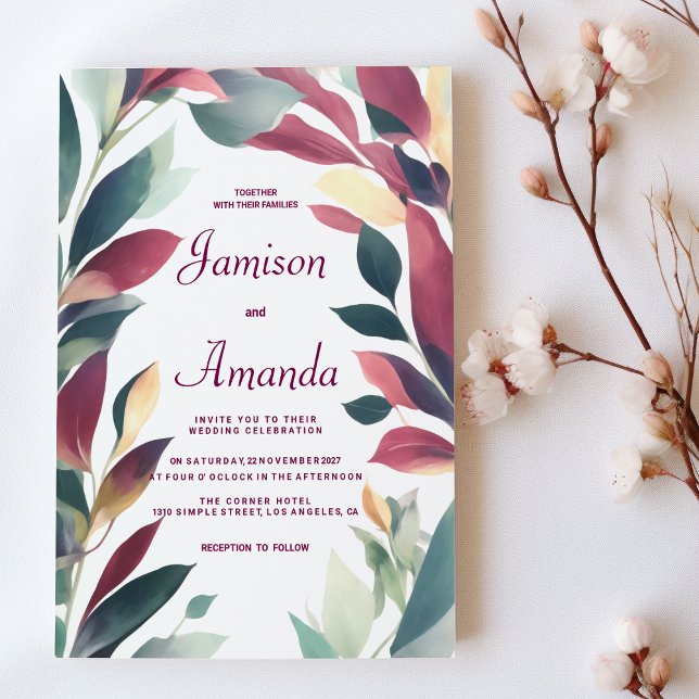 Tropical mint orange burgundy floral wedding invitation (Tropical mint orange burgundy floral wedding)