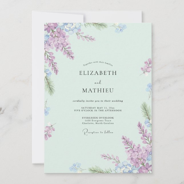 Tropical Mint Periwinkle Wisteria Wedding Invitation (Front)