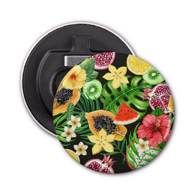 Tropical mix-fruit, flowers and leaves on black bottle opener (Front)