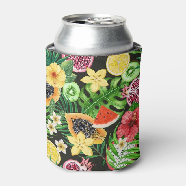 Tropical mix-fruit, flowers and leaves on black can cooler (Can Front)
