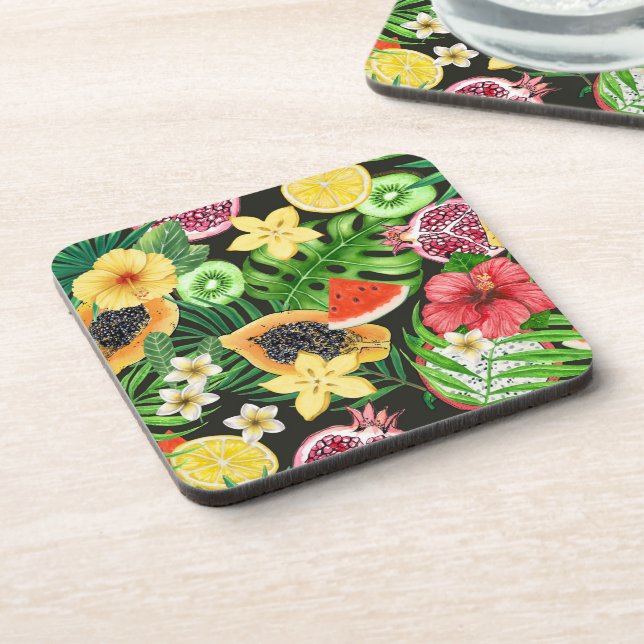 Tropical mix-fruit, flowers and leaves on black coaster (Left Side)