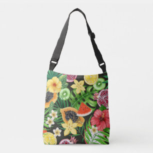 Tropical mix-fruit, flowers and leaves on black crossbody bag
