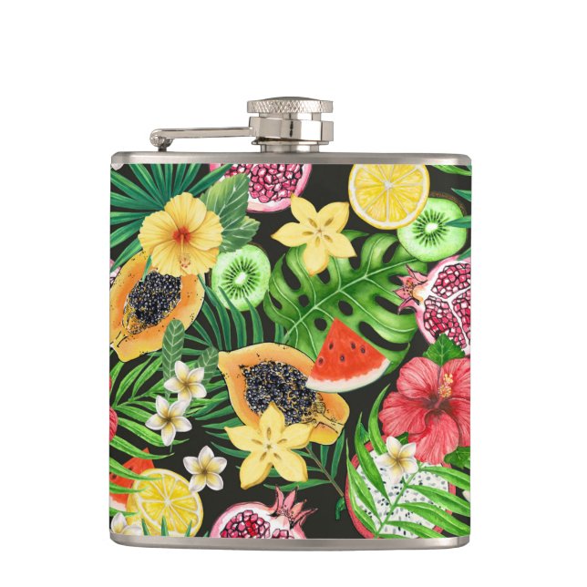 Tropical mix-fruit, flowers and leaves on black hip flask (Front)