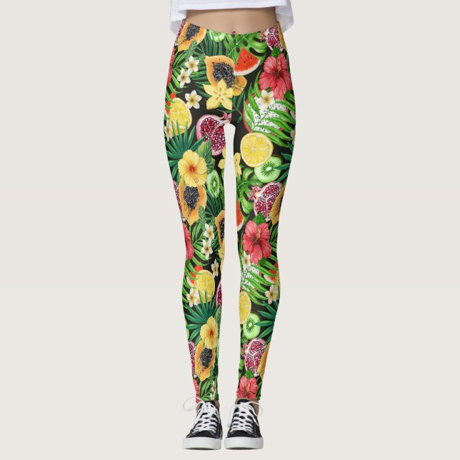 Tropical mix-fruit, flowers and leaves on black leggings (Front)