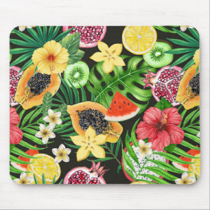 Tropical mix-fruit, flowers and leaves on black mouse mat