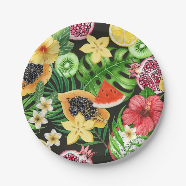 Tropical mix-fruit, flowers and leaves on black paper plate (Front)