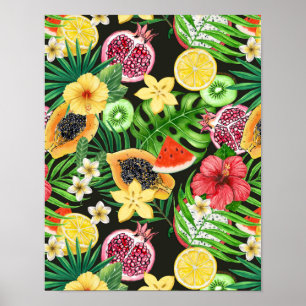 Tropical mix-fruit, flowers and leaves on black poster