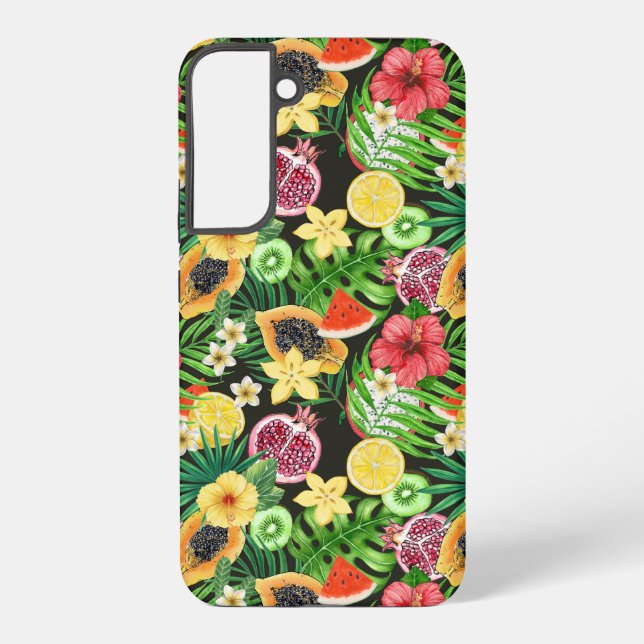 Tropical mix-fruit, flowers and leaves on black samsung galaxy s22+ case (Back)