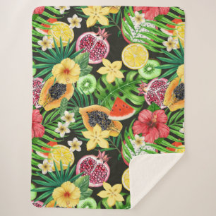 Tropical mix-fruit, flowers and leaves on black sherpa blanket