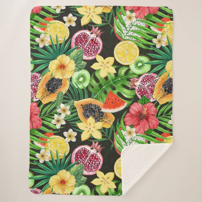Tropical mix-fruit, flowers and leaves on black sherpa blanket (Front)