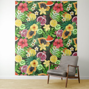 Tropical mix-fruit, flowers and leaves on black tapestry