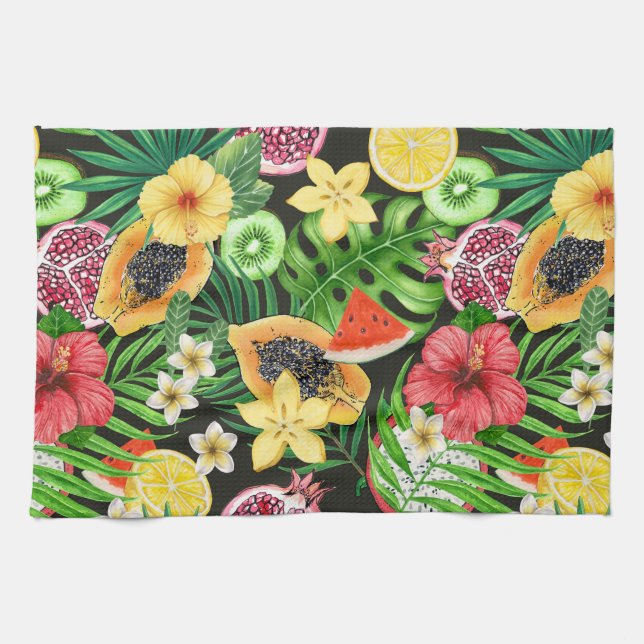 Tropical mix-fruit, flowers and leaves on black tea towel (Horizontal)