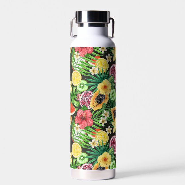 Tropical mix-fruit, flowers and leaves on black water bottle (Front)