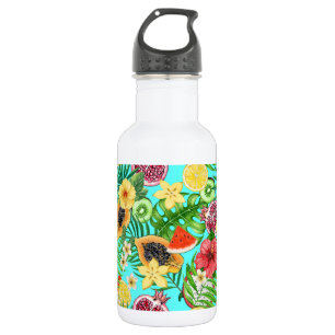 Tropical mix-fruit, flowers and leaves on blue 532 ml water bottle