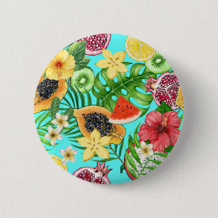 Tropical mix-fruit, flowers and leaves on blue 6 cm round badge