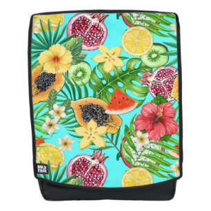 Tropical mix-fruit, flowers and leaves on blue backpack