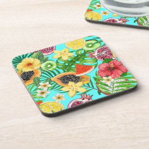 Tropical mix-fruit, flowers and leaves on blue coaster