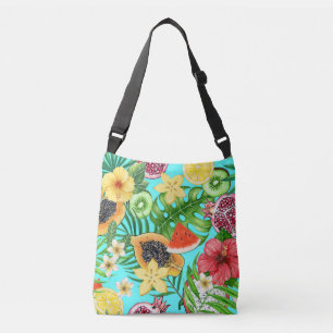 Tropical mix-fruit, flowers and leaves on blue crossbody bag