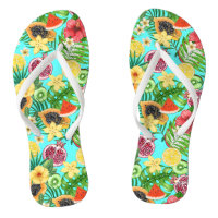 Tropical mix-fruit, flowers and leaves on blue