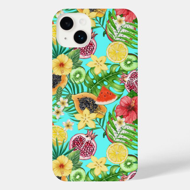 Tropical mix-fruit, flowers and leaves on blue iPhone case (Back)