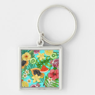 Tropical mix-fruit, flowers and leaves on blue key ring