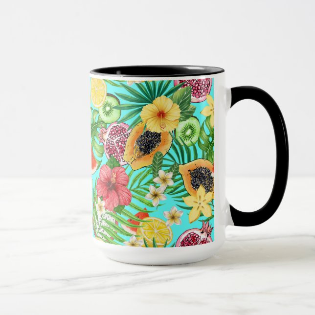 Tropical mix-fruit, flowers and leaves on blue mug (Right)