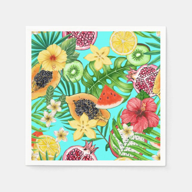 Tropical mix-fruit, flowers and leaves on blue napkin (Front)