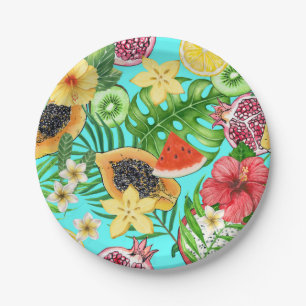 Tropical mix-fruit, flowers and leaves on blue paper plate