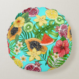 Tropical mix-fruit, flowers and leaves on blue round cushion