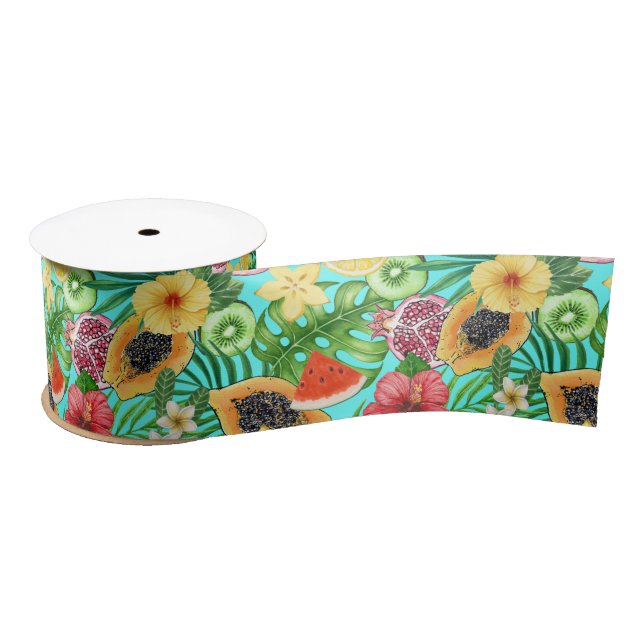 Tropical mix-fruit, flowers and leaves on blue satin ribbon (Spool)