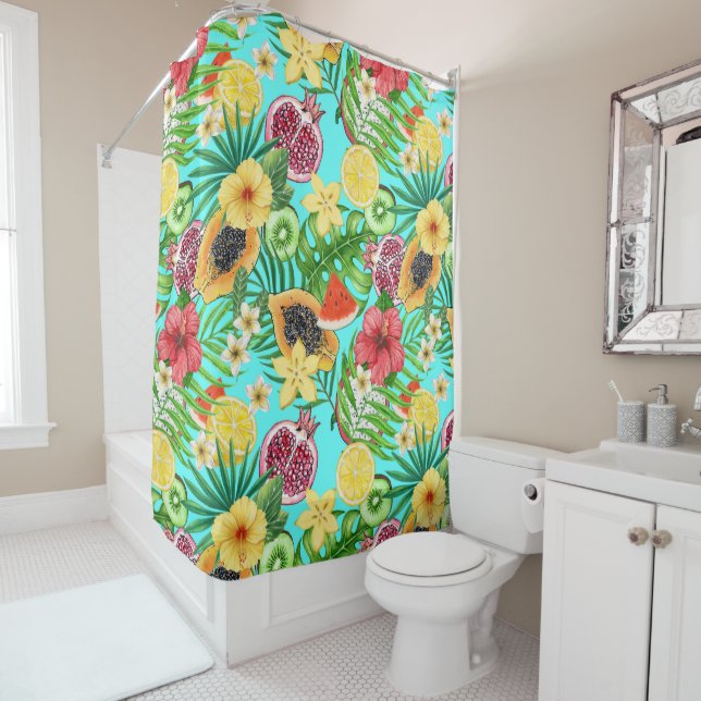 Tropical mix-fruit, flowers and leaves on blue shower curtain (In Situ)