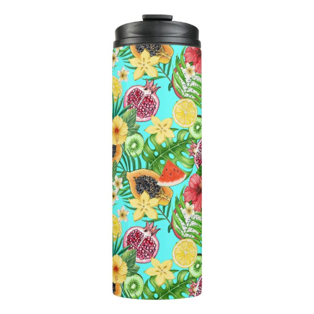 Tropical mix-fruit, flowers and leaves on blue thermal tumbler (Front)