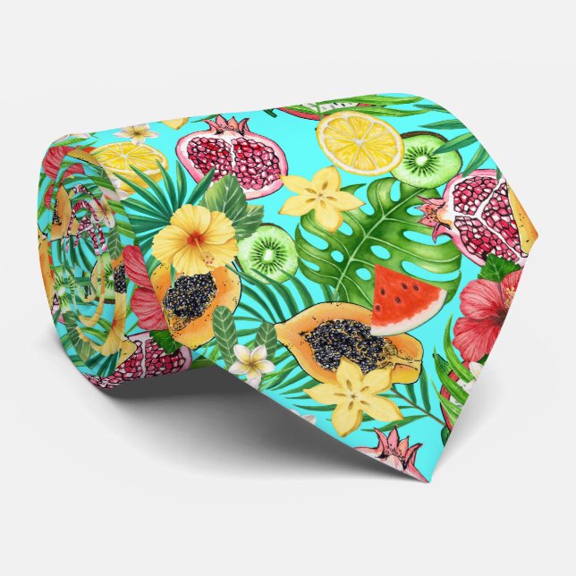 Tropical mix-fruit, flowers and leaves on blue tie (Rolled)