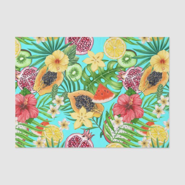 Tropical mix-fruit, flowers and leaves on blue tissue paper (Front)