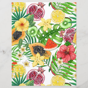 Tropical mix-fruit, flowers and leaves on white