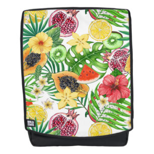 Tropical mix-fruit, flowers and leaves on white backpack