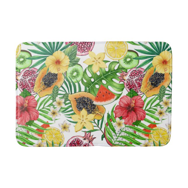Tropical mix-fruit, flowers and leaves on white bath mat (Front)
