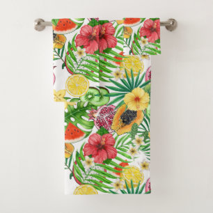 Tropical mix-fruit, flowers and leaves on white bath towel set