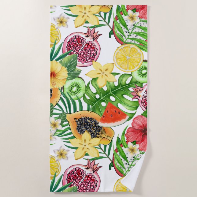 Tropical mix-fruit, flowers and leaves on white beach towel (Front)