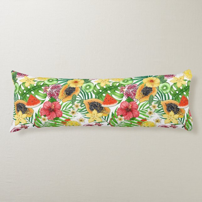 Tropical mix-fruit, flowers and leaves on white body cushion (Front)
