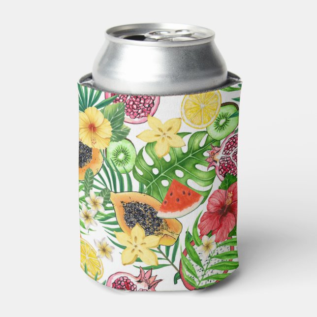 Tropical mix-fruit, flowers and leaves on white can cooler (Can Front)