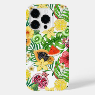 Tropical mix-fruit, flowers and leaves on white Case-Mate iPhone 14 pro case