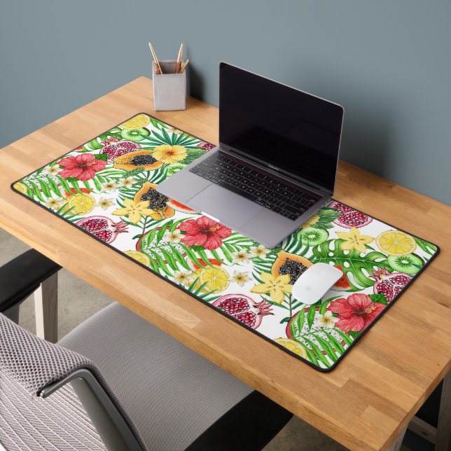 Tropical mix-fruit, flowers and leaves on white desk mat (Office 2)