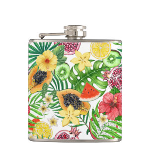 Tropical mix-fruit, flowers and leaves on white hip flask