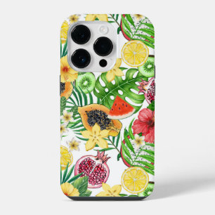 Tropical mix-fruit, flowers and leaves on white iPhone 14 pro case